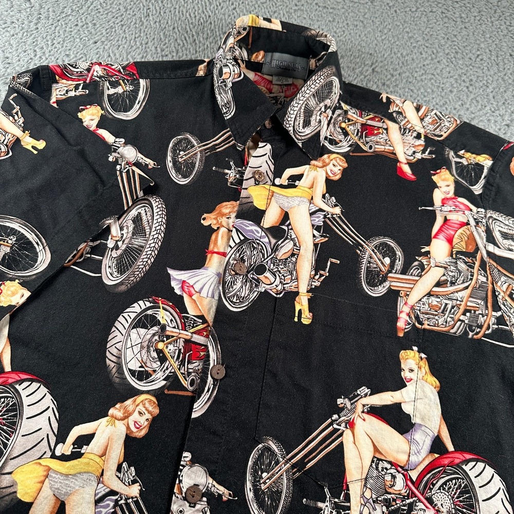 High Seas Trading Co Shirt Mens M Black Pinup Motorcycle‎ Short Sleeve Camp